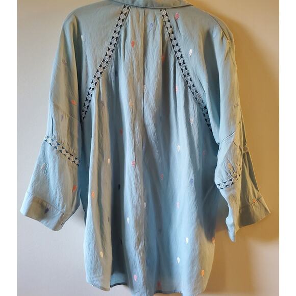 Cirana Button Up Top Womans XL Embrolidred Sky Blue Lace Insets - Picture 11 of 14